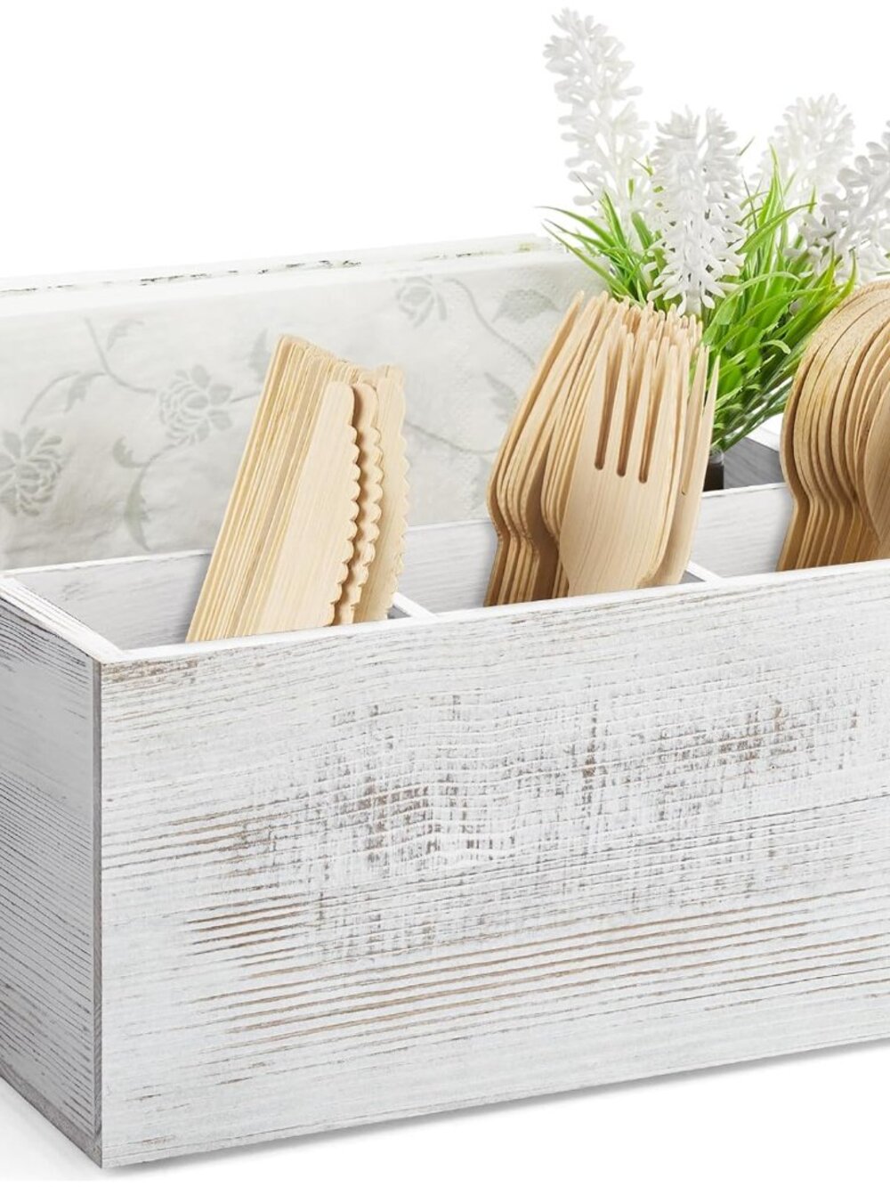 Silverware Caddy, Wooden Utensil Holder, Picnic Cutlery Holder, Whitewashed Silv
